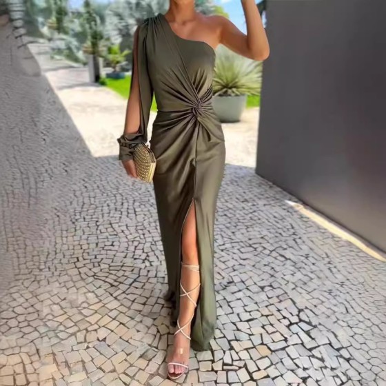 One-Shoulder Knot Slit Solid Color Slim Fit Dress