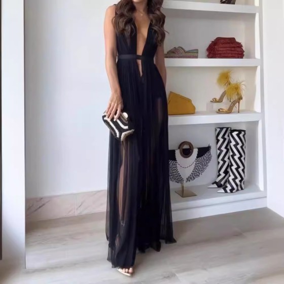 V-Neck Backless Sexy Loose Solid Color Dress