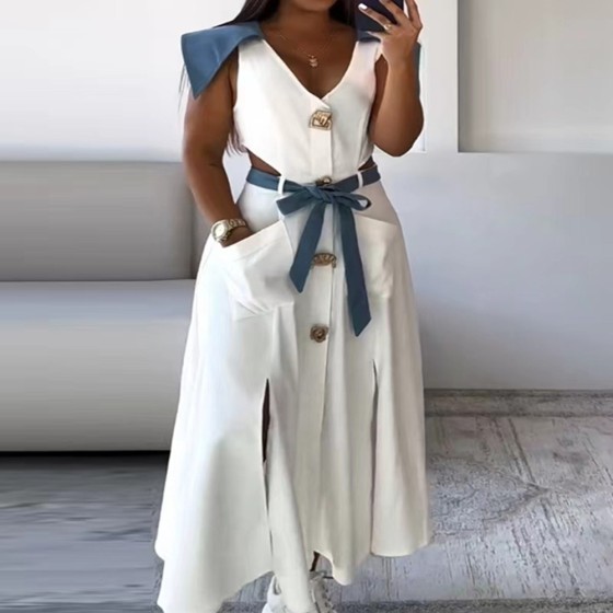 Turn-Down Collar Slit Solid Color Belt Sleeveless Dress