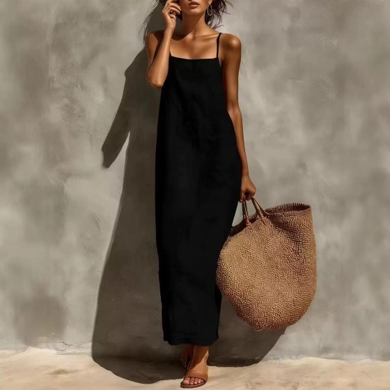 Summer New Solid Color Spaghetti Strap Loose Backless Sleeveless Dress