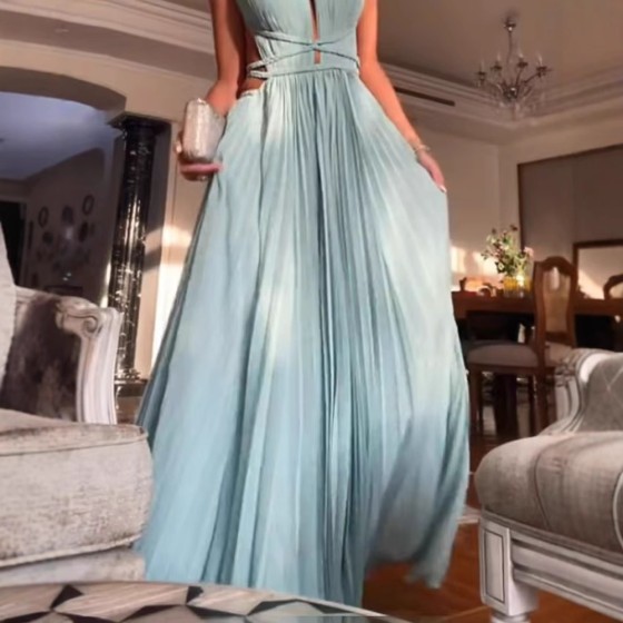 Pleated Tie Strap Sleeveless Backless Solid Color Slim Fit Flared Dress