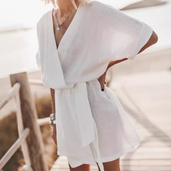 V-Neck Short Sleeve Solid Color Loose Pocket Belt Dress