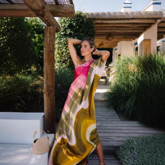 One-Shoulder Backless Printed Loose Dress