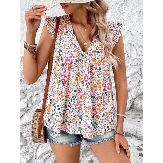 Floral Print V-Neck Ruffle Sleeveless Top
