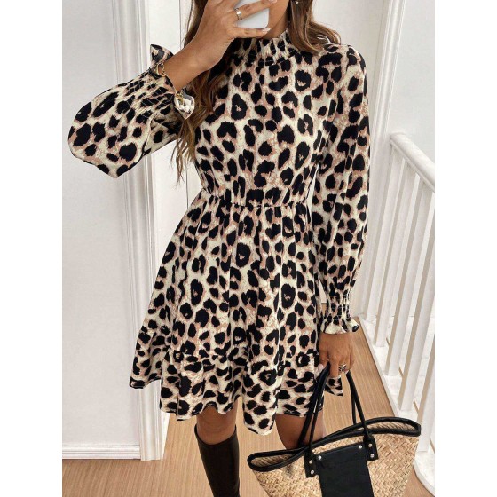 Leopard Print Mock Neck Ruffle Waist A-Line Mini Dress