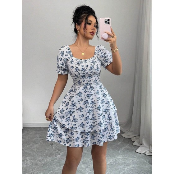 Women's French Square Neck Blue Floral Elegant A-Line Dress
