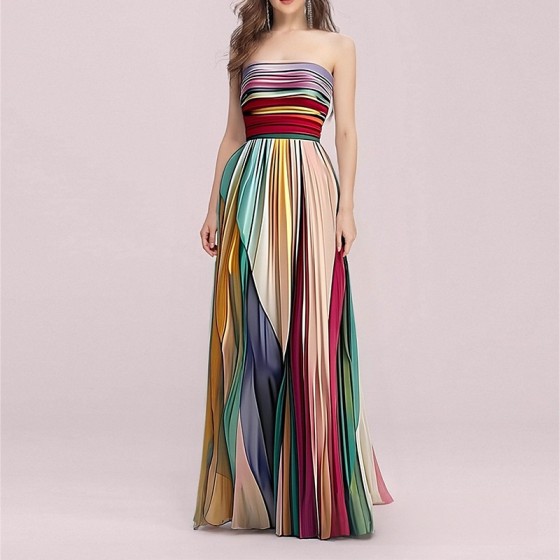 Sexy Strapless Printed High Waist Ball Gown Maxi Evening Dress
