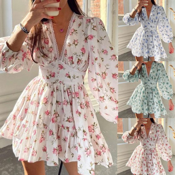 Elegant Sweet V-Neck Printed Lace High Waist Short Dress