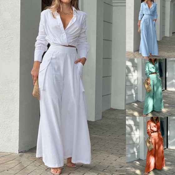 Elegant Commute Solid Color Long Sleeve Shirt & High Waist Wide Leg Pants Set