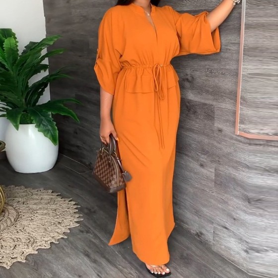 Elegant Solid Color High Waist Tie V-Neck Dress